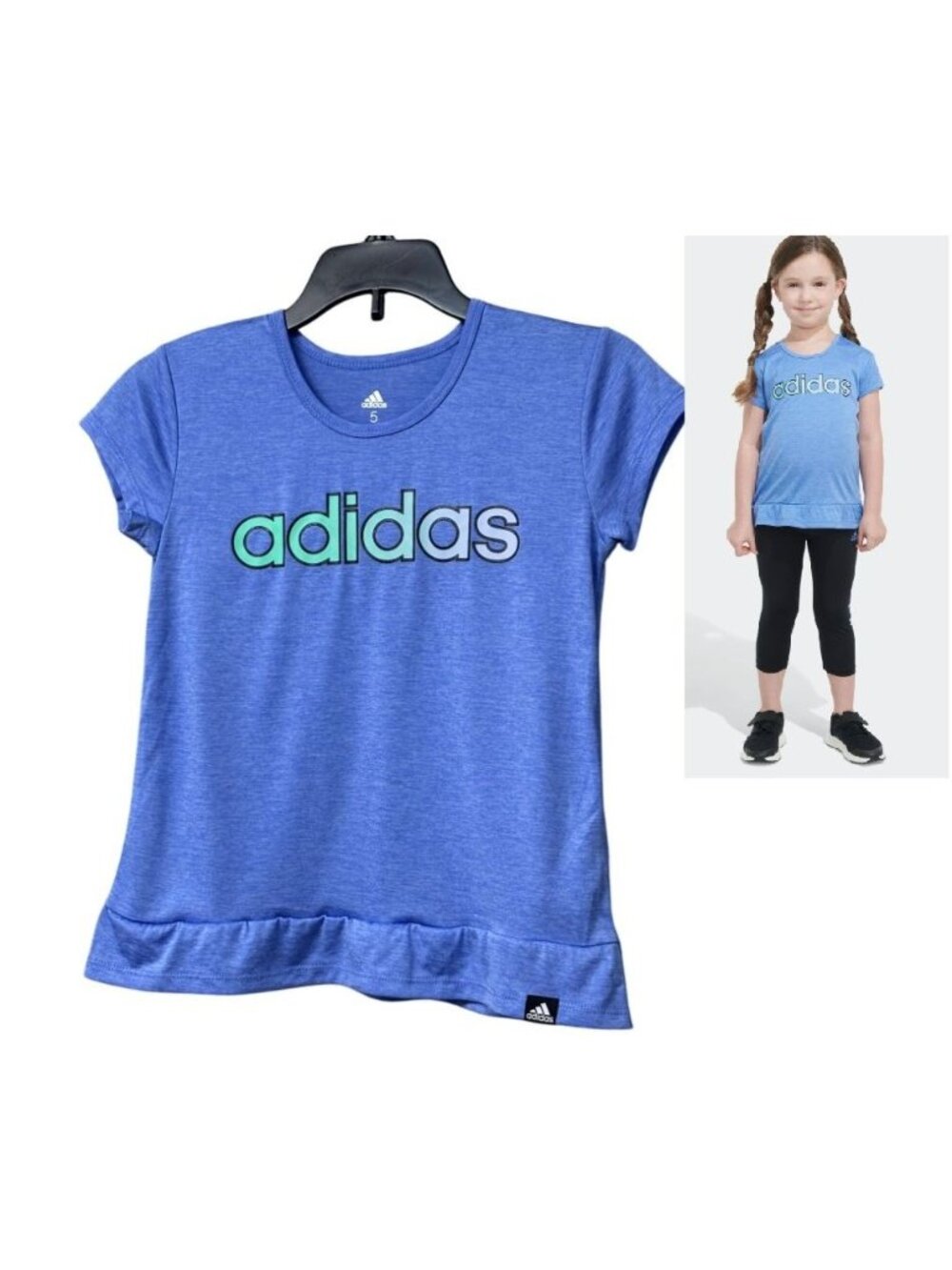 Adidas Little Girl’s Short-Sleeve Ruffle Hem Logo Top, Sz. 5, Heather Blue